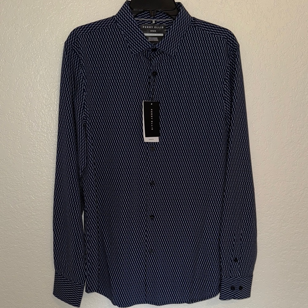Perry Ellis Men's Navy Geometric Button-Down Shirt